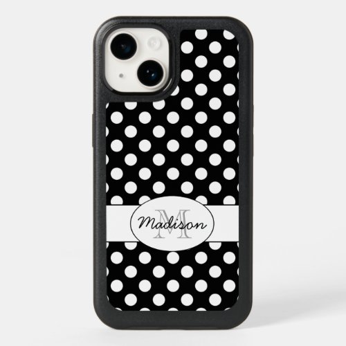 Black White polka dots retro pattern Monogram OtterBox iPhone 14 Case