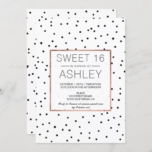 Black white polka dots rose gold chic sweet 16 invitation