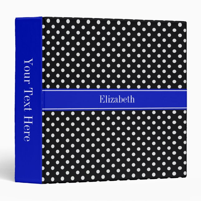 Black White Polka Dots Royal Blue Name Monogram 3 Ring Binder (Front/Spine)