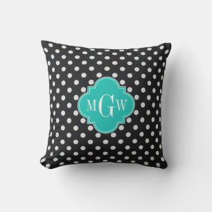Black White Polka Dots Teal Quatrefoil 3 Monogram Outdoor Pillow