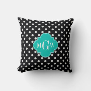 Black White Polka Dots Teal Quatrefoil 3 Monogram Throw Pillow