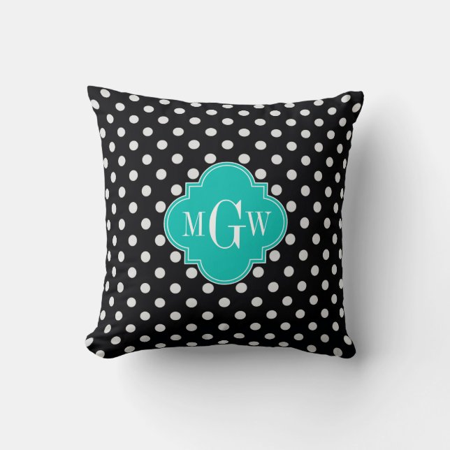 Black White Polka Dots Teal Quatrefoil 3 Monogram Throw Pillow (Front)