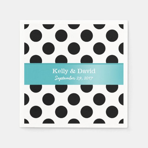 Black  White Polka Dots Turquoise Ribbon Wedding Napkins