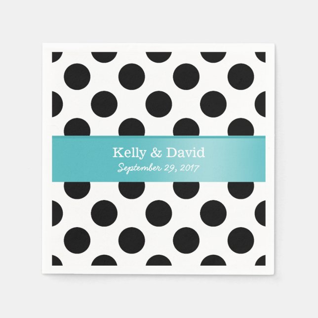 Black & White Polka Dots Turquoise Ribbon Wedding Napkins (Front)