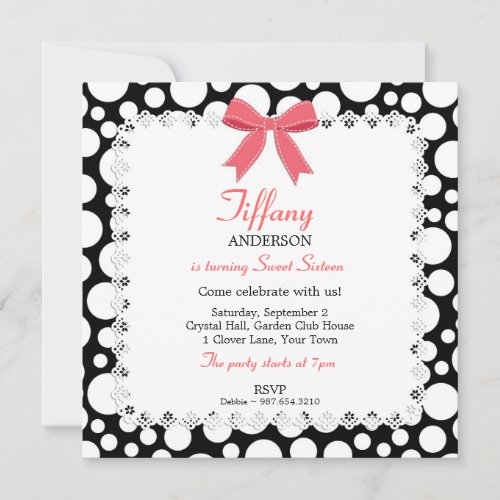 Black &amp; White Polka Dots w/ Lace Sweet 16 Birthday Invite