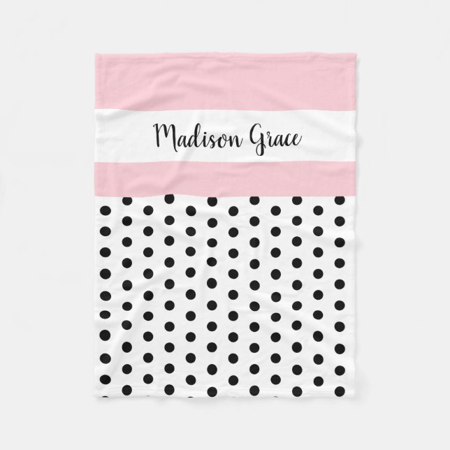 black/white polka dots w pink/white; personalized fleece blanket (Front)