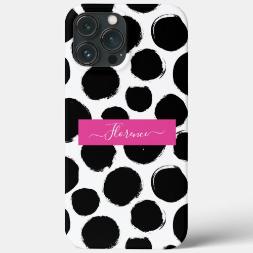 Black  White Polka Dots with Custom Name iPhone 13 Pro Max Case