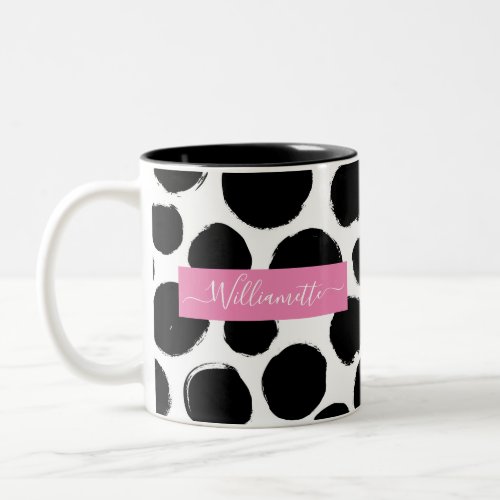 Black  White Polka Dots with Custom Name Two_Tone Coffee Mug