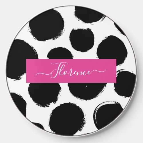 Black  White Polka Dots with Custom Name Wireless Charger