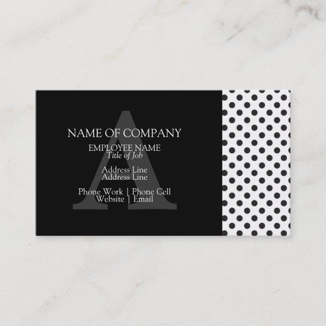 Black White Polkadots Gray Designer Monogram Business Card (Front)