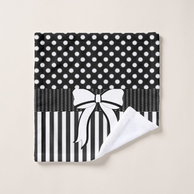 Black White Polkdaot Stripe Bathroom Towel Sets (Wash Cloth)