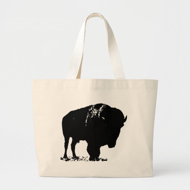 Black & White Pop Art Bison Buffalo Large Tote Bag (Front)