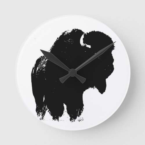 Black  White Pop Art Bison Buffalo Round Clock