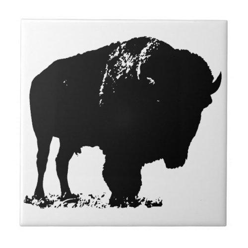 Black  White Pop Art Bison Buffalo Tile