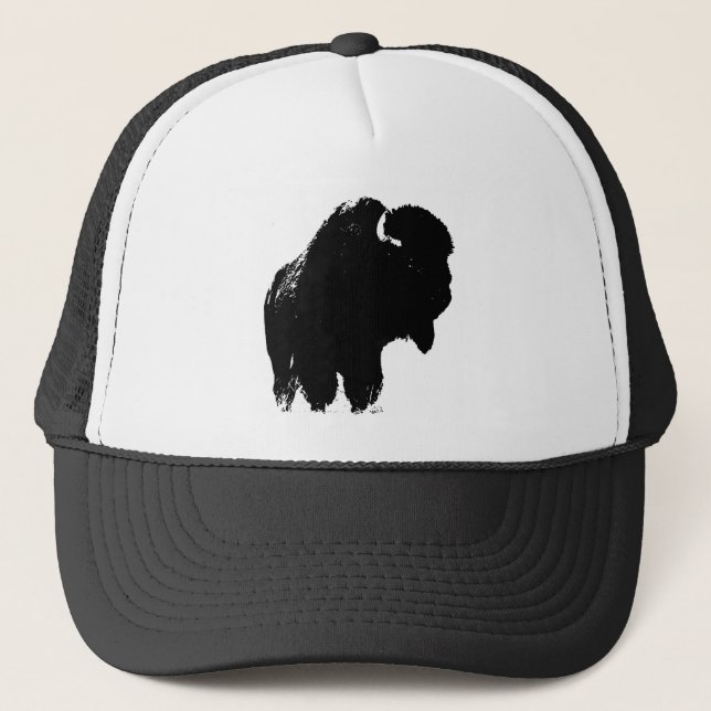 Black & White Pop Art Bison Buffalo Trucker Hat (Front)