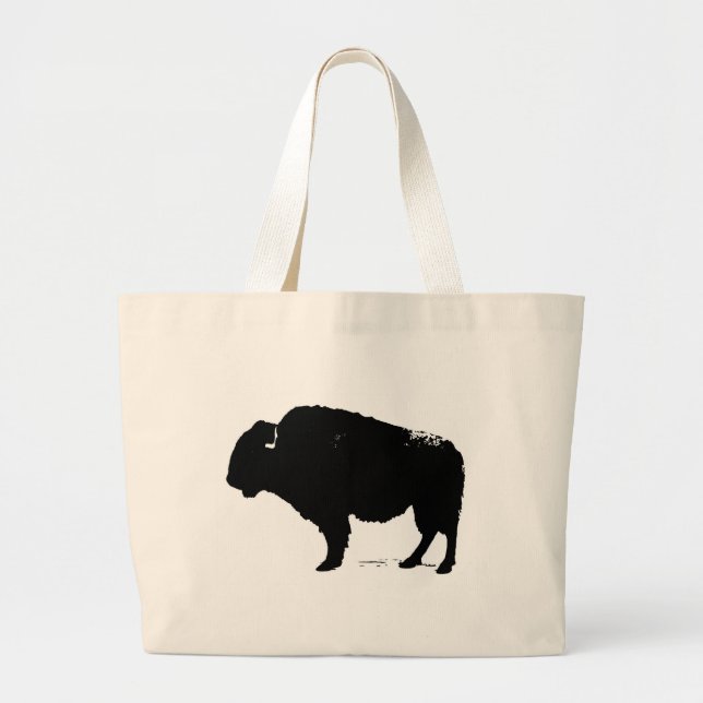 Black & White Pop Art Buffalo Bison Large Tote Bag (Front)