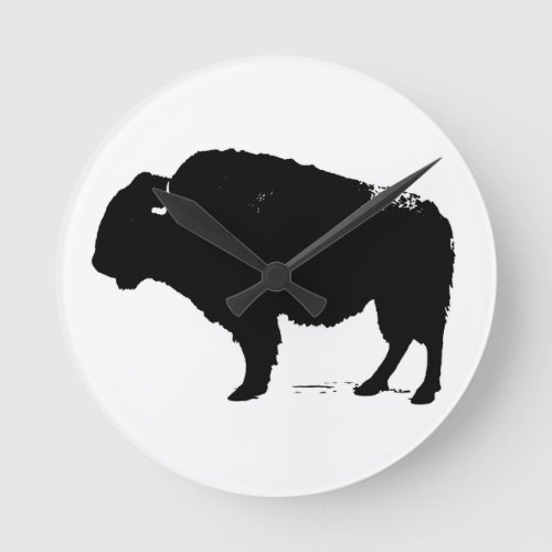Black  White Pop Art Buffalo Bison Round Clock