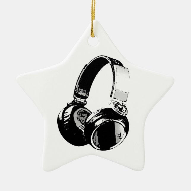 Black & White Pop Art Headphone Ceramic Ornament (Front)