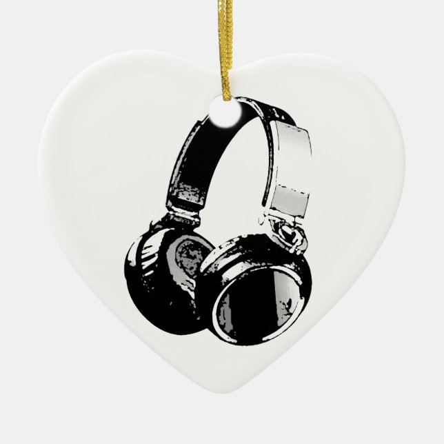 Black & White Pop Art Headphone Ceramic Ornament (Front)