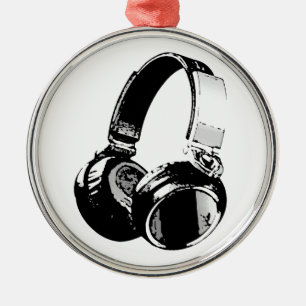 Black & White Pop Art Headphone Metal Ornament