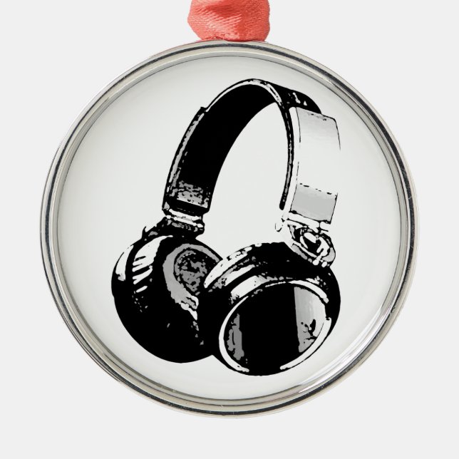 Black & White Pop Art Headphone Metal Ornament (Front)