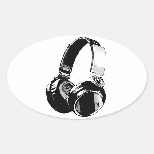 Black  White Pop Art Headphone Oval Sticker