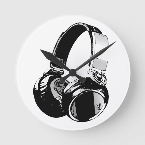 Black  White Pop Art Headphone Round Clock