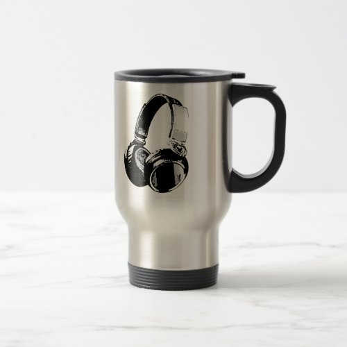 Black  White Pop Art Headphone Travel Mug