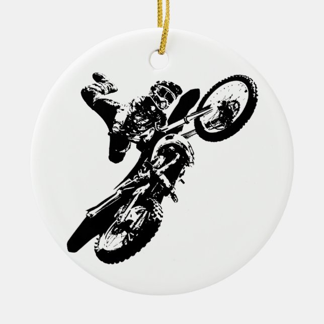 Black White Pop Art Motocross Motorcyle Sport Ceramic Ornament (Front)