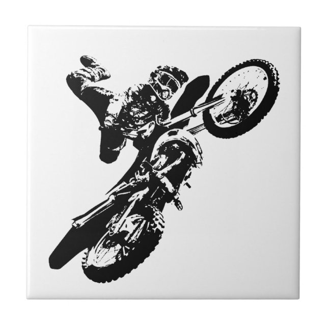 Black White Pop Art Motocross Motorcyle Sport Ceramic Tile (Front)