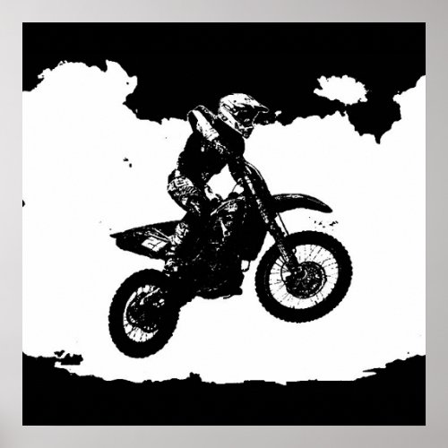 Black White Pop Art Motocross Motorcyle Sport Poster