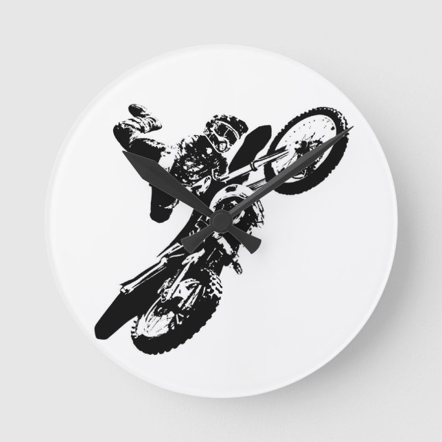 Black White Pop Art Motocross Motorcyle Sport Round Clock (Front)