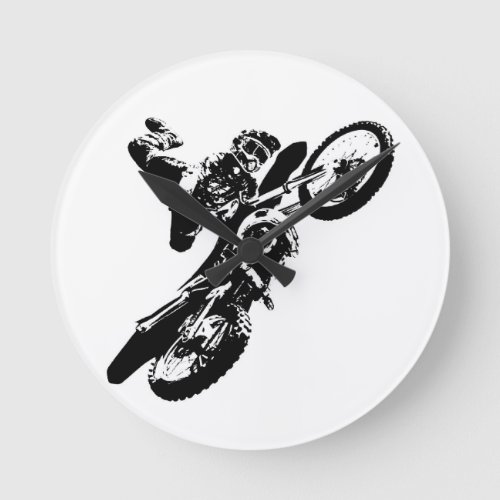Black White Pop Art Motocross Motorcyle Sport Round Clock