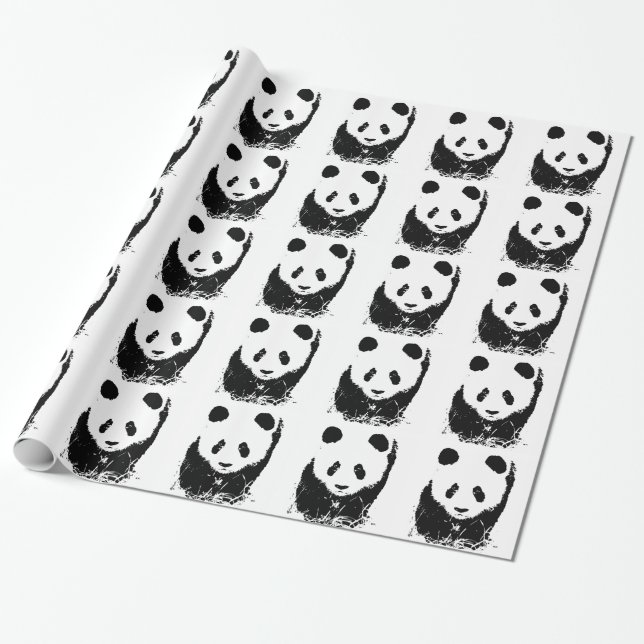 Black & White Pop Art Panda Christmas Gift Wrap (Unrolled)