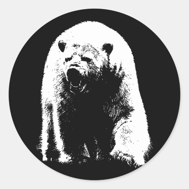 Black & White Pop Art Polar Bear Classic Round Sticker (Front)