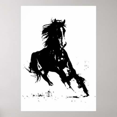 Black White Pop Art Running Horse Silhouette Poster