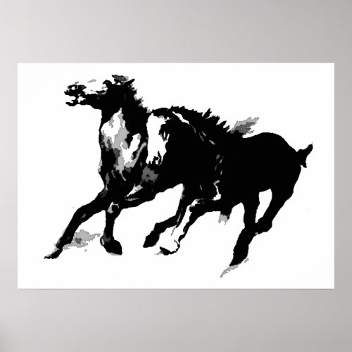 Black White Pop Art Running Horses Silhouettes Poster