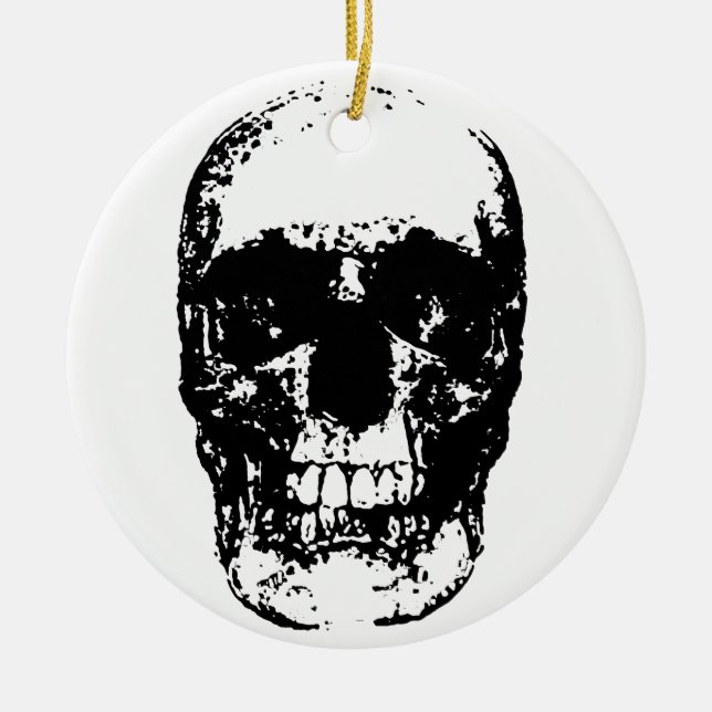 Black & White Pop Art Skull Ceramic Ornament (Front)