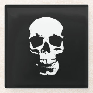 Black & White Pop Art Skull Stylish Cool Metal Glass Coaster