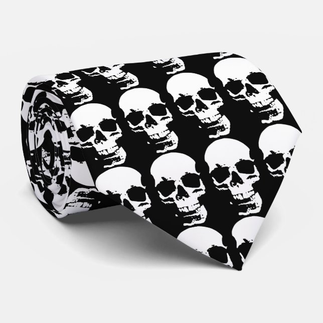 Black & White Pop Art Skull Stylish Cool Neck Tie (Rolled)