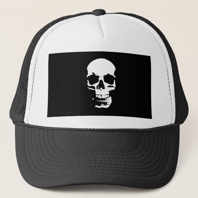 Black & White Pop Art Skull Trucker Hat (Front)