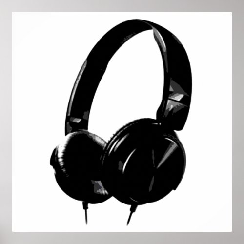 Black White Pop Art Style Headphone Poster