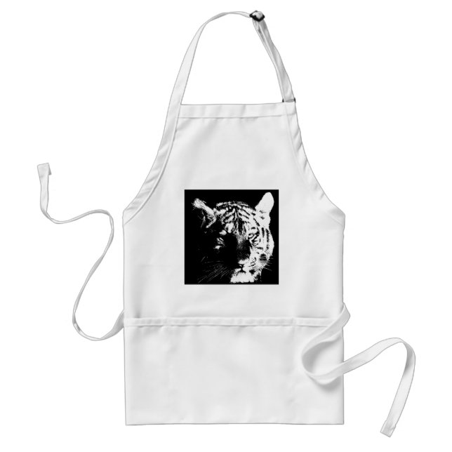 Black & White Pop Art Tiger Adult Apron (Front)
