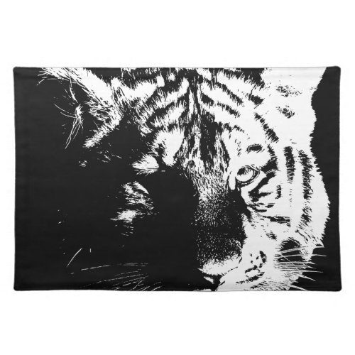 Black  White Pop Art Tiger Cloth Placemat