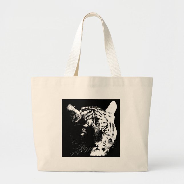 Black & White Pop Art Tiger Large Tote Bag (Front)