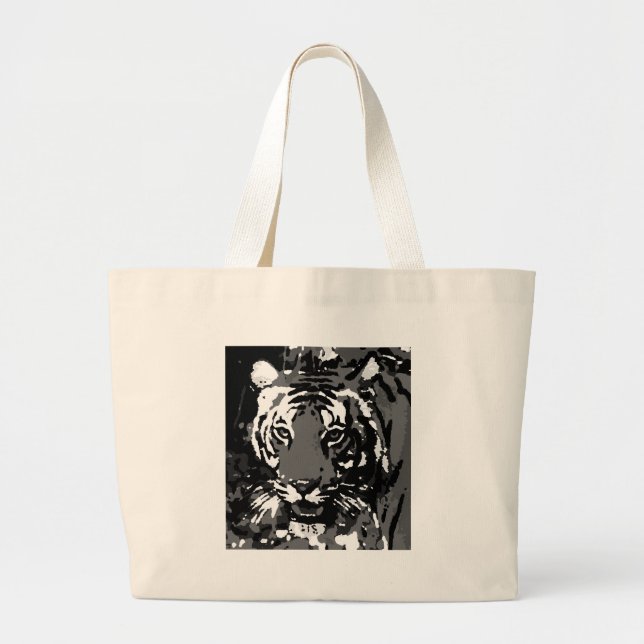 Black White Pop Art Tiger Large Tote Bag (Front)