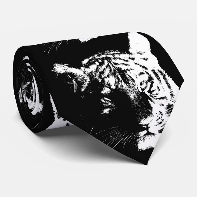 Black & White Pop Art Tiger Neck Tie (Rolled)