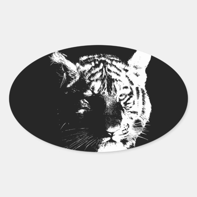 Black & White Pop Art Tiger Oval Sticker (Front)