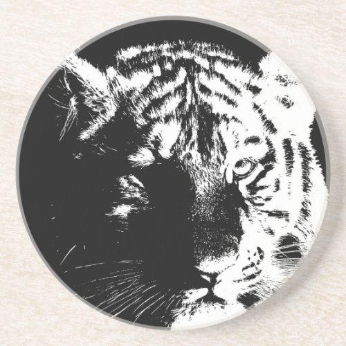 Black  White Pop Art Tiger Sandstone Coaster