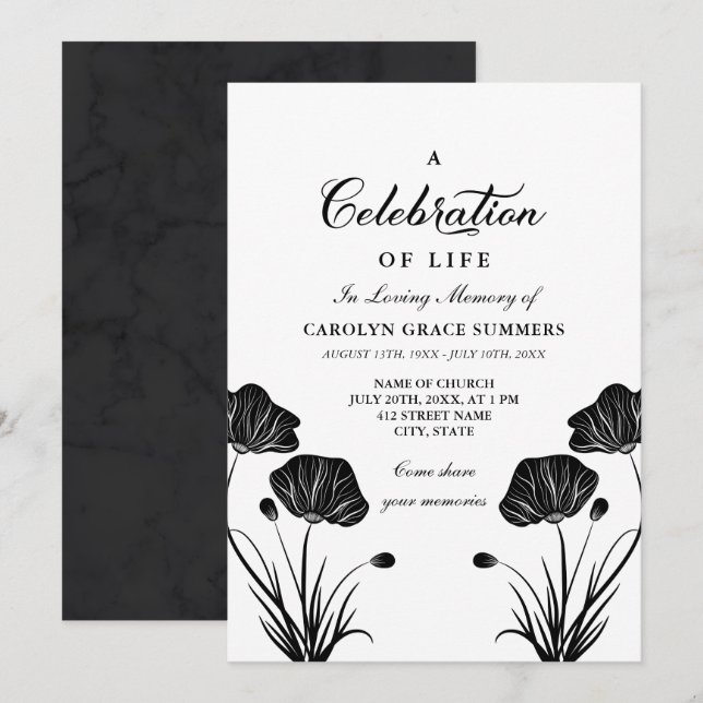 Black & White Poppies Celebration of Life Invitation (Front/Back)